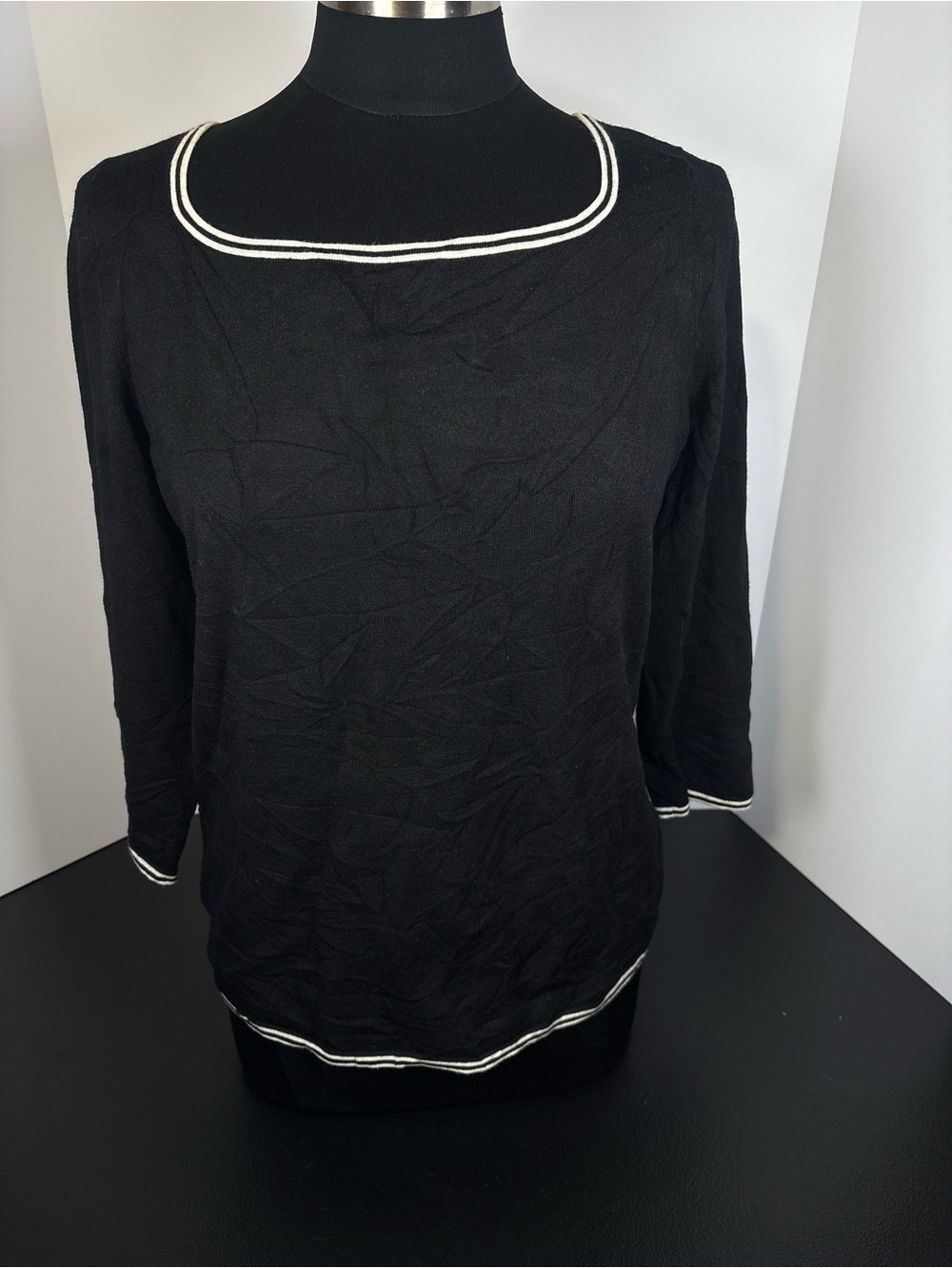 Talbots Black Long Sleeve Square Neck Top with White Trim